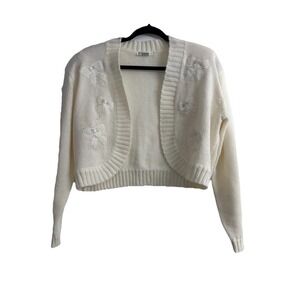 VTG Jamie Scott Ivory Bow's & Sequined Cropped Cardigan Sweater Size L